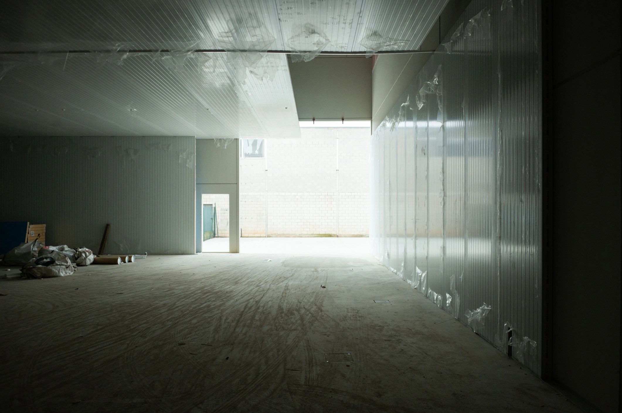 Industrial warehouse interior with dramatic light